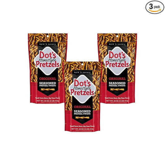 Dot's Pretzels Original Seasoned Pretzel Twists, Healthy Kids Snacks, 16oz Grocery Sized Bag (Pack of 3)