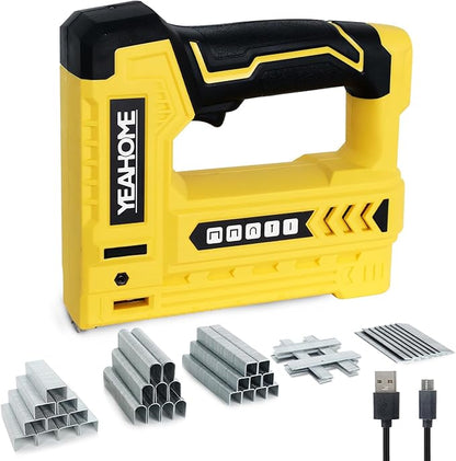 YEAHOME Electric Staple Gun, 5 in 1 Cordless Staple Gun for Upholstery with 1200 5/16" Staples, 600 1/2" U-Shape Staples, 600 19/32” pin Nails, 60019/32” Nails and 1 USB Charger Cable