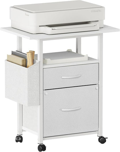 GYIIYUO 2 Fabric Drawer File Cabinet with 24'' Extended Desktop, Mobile Filing Cabinet, Rolling File Cabinet with Side Bag, Fits A4 Size, Home Office, White
