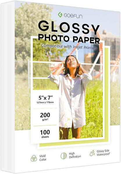 5x7 Photo Paper, Goefun 200GSM/54LB Glossy Inkjet Printer Paper for Dye Ink,100 Sheets