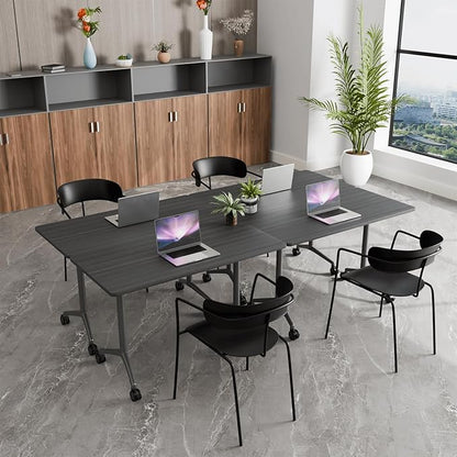 Conference Room Table, 55 Inch Folding Conference Tables with Wheels, Modern Office Meeting Table, Easy Flip & Nest Design, Rectangular Seminar Tables with Metal Frame for 2-24 People (N, 8PCS)