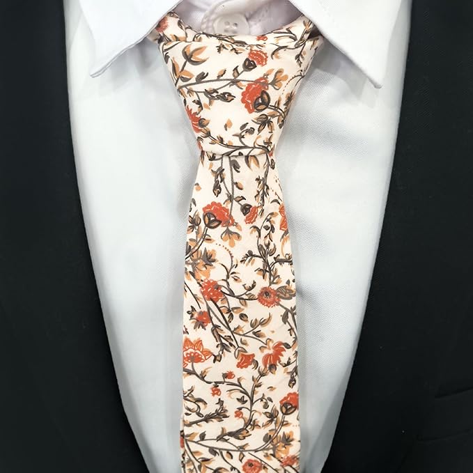 Cotton Floral Ties for Men 2.76" Men's Skinny Tie Linen Flower Printed Neck Tie for Wedding Dating Party