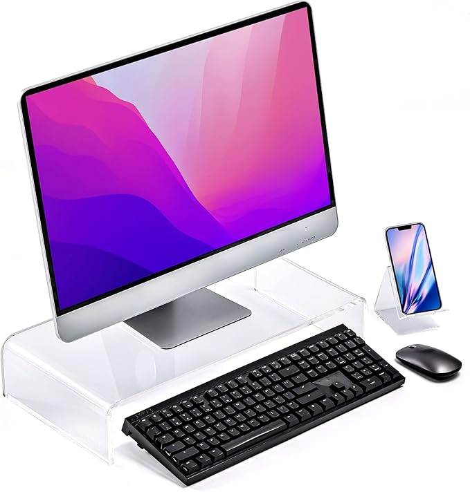 Premium Acrylic Monitor Stand, Extra-Wide Clear Computer Riser 20"x10"x4" – Laptop Stand, Desktop Organizer for Office & Home, TV, Printer, iMac, Laptop – Bonus Acrylic Phone Holder