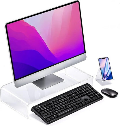 Premium Acrylic Monitor Stand, Extra-Wide Clear Computer Riser 20"x10"x4" – Laptop Stand, Desktop Organizer for Office & Home, TV, Printer, iMac, Laptop – Bonus Acrylic Phone Holder