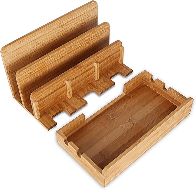 Bamboo Wood Multi-Device Desktop Charging Dock Station Charger Holder Cradle Stand Compatible for iPhone 16 15 14 13 12 11 Pro Max iPad mini Pro Air Laptop Tablets Samsung LG Sony Smartphones