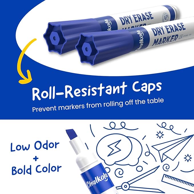 Chalkola 60 Blue Dry Erase Markers Bulk Pack, Blue Chisel Point White Dry Erase Pens - Low Odor Whiteboard Markers for Kids, Home, Office, Back to School Supplies