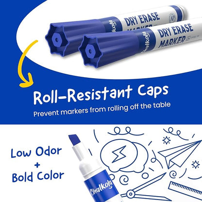 Chalkola 60 Blue Dry Erase Markers Bulk Pack, Blue Chisel Point White Dry Erase Pens - Low Odor Whiteboard Markers for Kids, Home, Office, Back to School Supplies