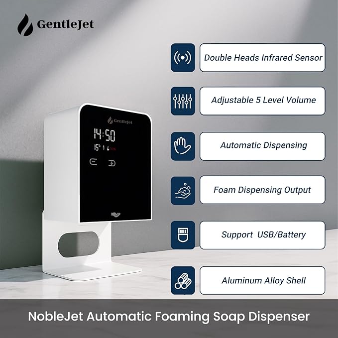 NobleJet Automatic Foaming Soap Dispenser Touchless - USB-C or Battery Powered, Aluminum Alloy Body, LED Display, Wall Mount or Countertop, Adjustable Automatic Soap Dispenser Touchless