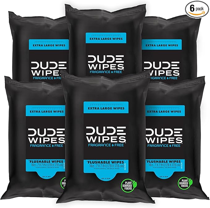 DUDE Wipes - Flushable Wipes Travel Pack - 6 Pack, 108 Count - Extra Large - Unscented - with Vitamin E & Aloe - Septic and Sewer Safe