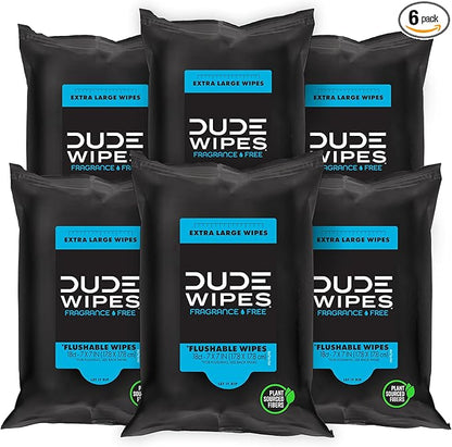 DUDE Wipes - Flushable Wipes Travel Pack - 6 Pack, 108 Count - Extra Large - Unscented - with Vitamin E & Aloe - Septic and Sewer Safe