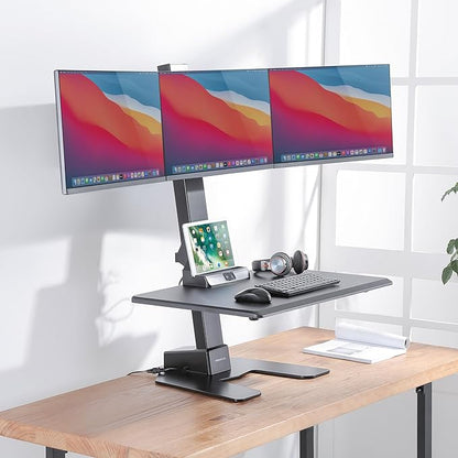 Mount-It! Triple Monitor Electric Standing Desk Converter - 3 Screens Stand Up Desk Riser - Height Adjustable Desktop & 3 Mounts for Screens up to 32", Sit-Stand Convertor for Home, Office, School