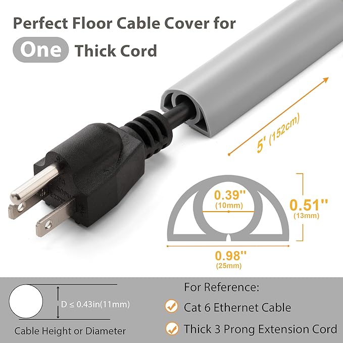 5ft Cord Cover Floor for Extension Cords, Self-Adhesive Floor Cable Cover to Protect Cables & Prevent Tripping, PVC Cord Hider Protector, Internal Wire Management Channel Diameter: 0.39", Gray