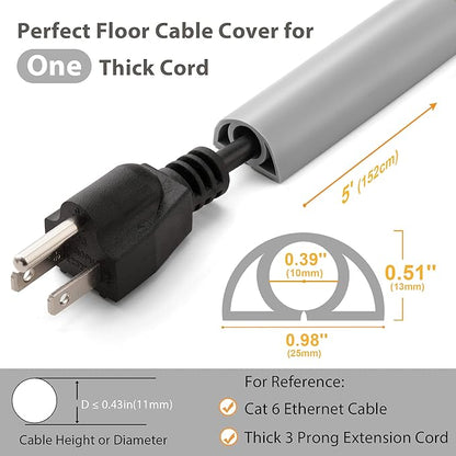 5ft Cord Cover Floor for Extension Cords, Self-Adhesive Floor Cable Cover to Protect Cables & Prevent Tripping, PVC Cord Hider Protector, Internal Wire Management Channel Diameter: 0.39", Gray