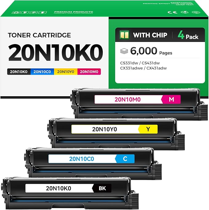 20N10 Toner Cartridges (4Pack, BK/C/M/Y) Compatible 20N10K0, 20N10C0, 20N10M0, 20N10Y0 Toner Cartridge Set Replacement for Lexmark CS331, CS431, CX331, CX431 Printer