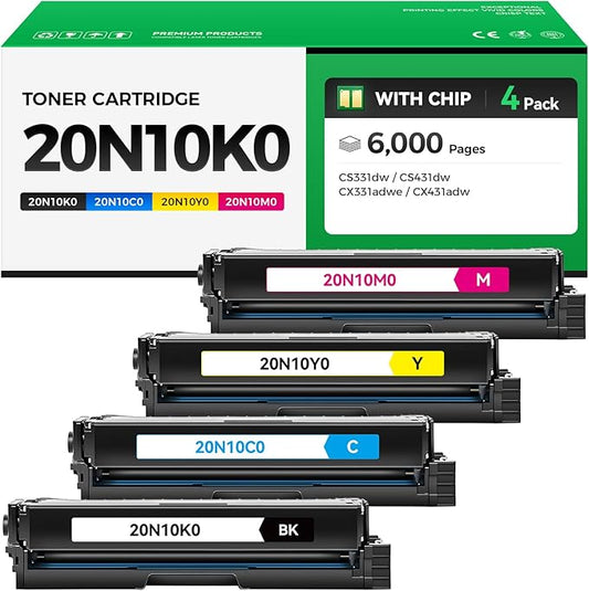 20N10 Toner Cartridges (4Pack, BK/C/M/Y) Compatible 20N10K0, 20N10C0, 20N10M0, 20N10Y0 Toner Cartridge Set Replacement for Lexmark CS331, CS431, CX331, CX431 Printer