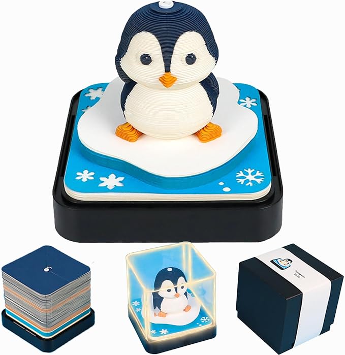 3D Time Piece Calendar 2026 DIY Calendars Tear Away Carving Art 3D Memo Pad Calendar With LED Lights sculpture artsy pads calendar notepad for Desktop Decor-Penguin