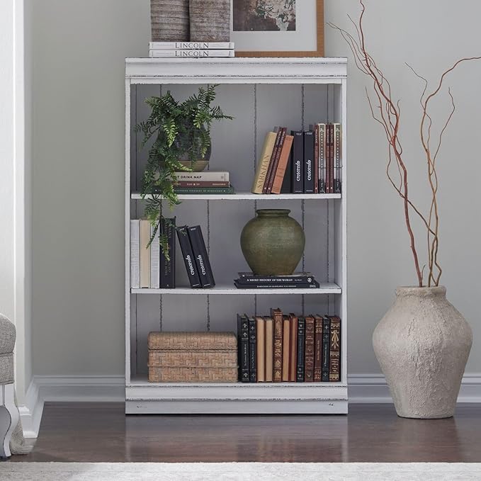 Liberty Furniture Magnolia Manor Stepped Bookcase Wall for Living Room Home Office Storage - Antique White & Weathered Bark