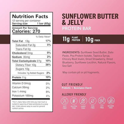 Amrita Nut Free Sunflower Butter & Jelly Vegan Protein Bars ( 12 CT PK of 3 ) | 11g Plant-Based Protein Bar | Peanut Free, Gluten Free, and Dairy Free | Low Sugar, High Fiber, Healthy School-Safe Snacks