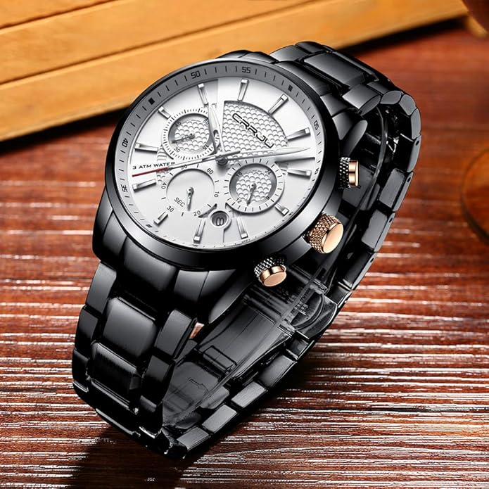 CRRJU Men's Business Casual Chronograph Quartz Waterproof Wristwatch Black Leather Strap