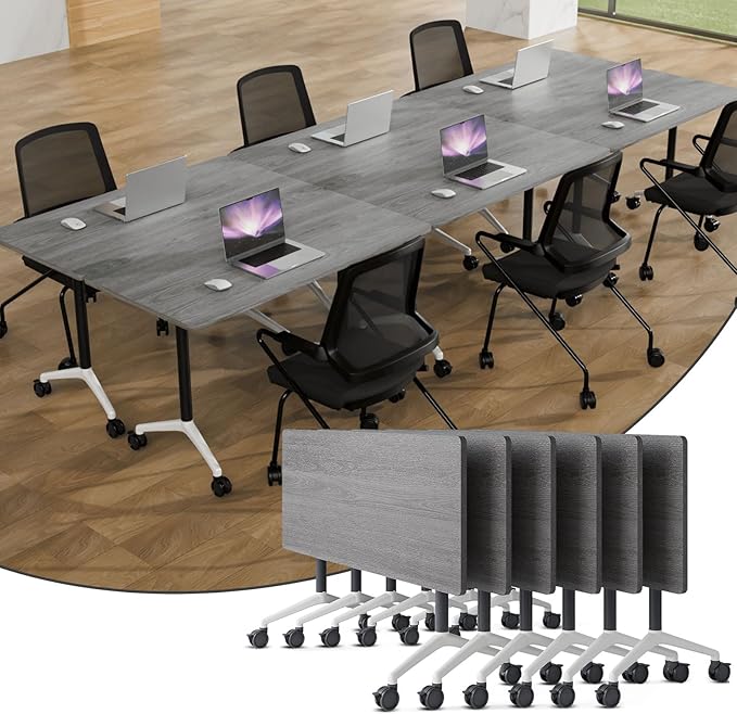 Folding Conference Table,Conference Table with Wheels,Large Flip-Top Training Table,Freely Combinations,Easy to Move for Offices, Schools,Training Rooms（6,Gray,71in
