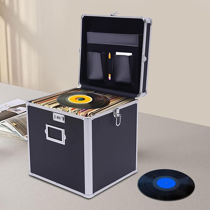 Stackable Vinyl Record Storage Box, Lockable 50 Album Storage Holder, Portable Locking File Storage Organizer with Handle, Letter/Legal File Storage,Black
