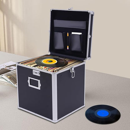 Stackable Vinyl Record Storage Box, Lockable 50 Album Storage Holder, Portable Locking File Storage Organizer with Handle, Letter/Legal File Storage,Black