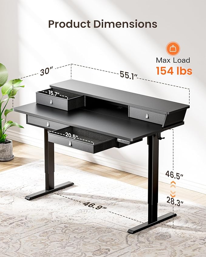 ErGear Electric Standing Desk with 4 Drawers, 55" x 30" Height Adjustable Desk with Storage, C-Clamp Mount Compatible, Computer Home Office Table with Cable Management Tray, Black