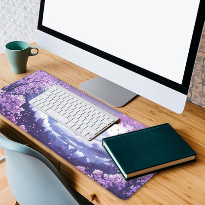 Cherry Blossom Desk Pad Mouse Pad Purple Spring Mountain Scenery Mousepad XL Large Gaming Mouse Pad Laptop Keyboard Mat Desk Pad 31.5"x11.8"