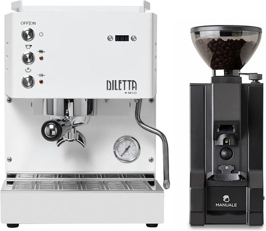 Diletta Mio Espresso Machine (White) and Eureka Mignon Notte Grinder Bundle