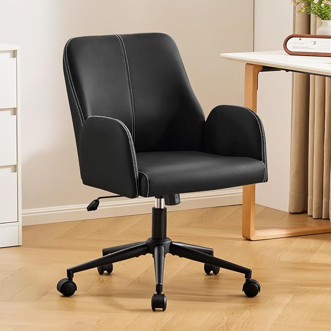 Furniliving Home Office Desk Chair, Ergonomic Leather Office Chair with Wheels, Comfortable Rolling Task Chair Adjustable Height, Black