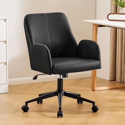 Furniliving Home Office Desk Chair, Ergonomic Leather Office Chair with Wheels, Comfortable Rolling Task Chair Adjustable Height, Black