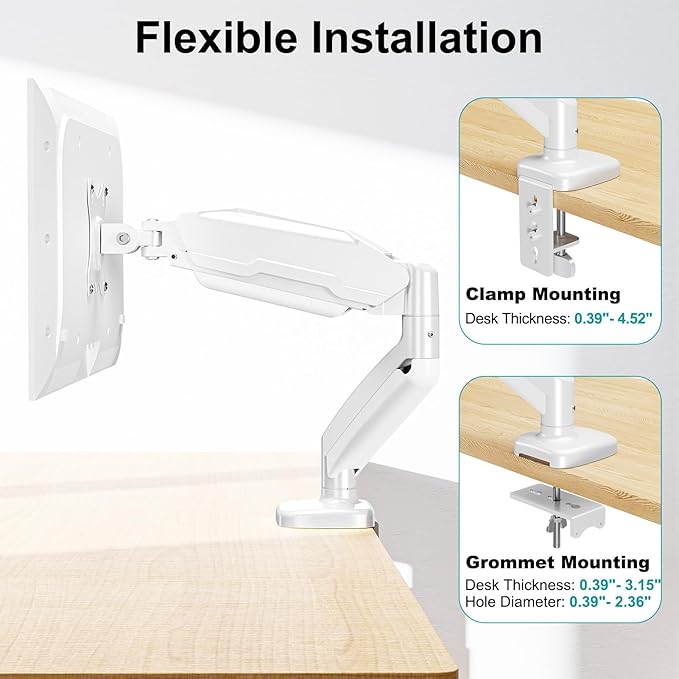 MOUNT PRO Single Monitor Desk Mount - Articulating Gas Spring Arm, Removable VESA Mount for Computer Monitor Stand with Clamp and Grommet Base Fits 13 to 32 Inch Screen, VESA 75x75, 100x100, White
