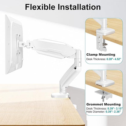 MOUNT PRO Single Monitor Desk Mount - Articulating Gas Spring Arm, Removable VESA Mount for Computer Monitor Stand with Clamp and Grommet Base Fits 13 to 32 Inch Screen, VESA 75x75, 100x100, White