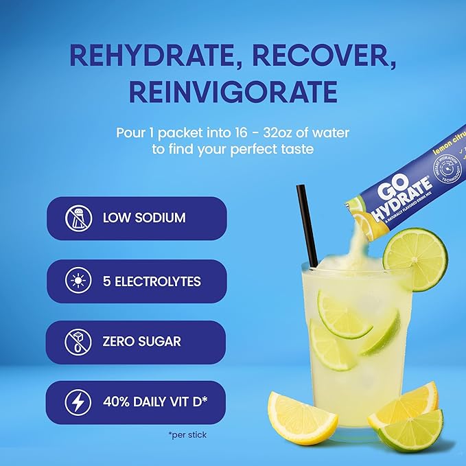 GoHydrate Low Sodium Electrolytes Powder Packets Sugar Free - Instant Hydration Daily Drink Mix - Zero Sugar Water Flavor Packet Singles with Vitamin D - (Lemonade Mixed, 15 Packs)