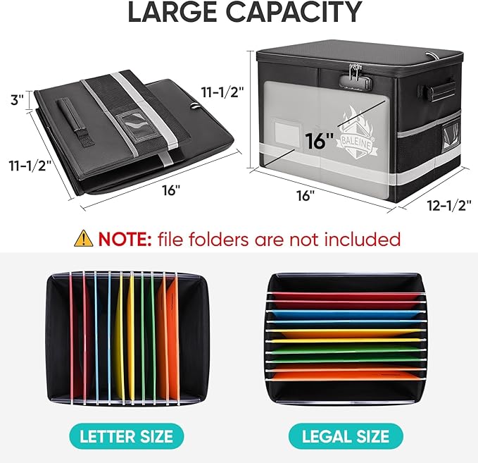 BALEINE Fireproof Document Box with Lock, Portable Fireproof Document Bag Waterproof Fire Proof File Boxes for Documents, File Organizer Box for Important Paperwork (Black, 16''x12.5''x11.5'')