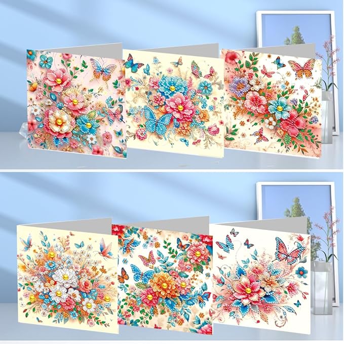 6pcs DIY Flower Butterfly Diamond Art Painting Greeting Cards Kit, Rhinestone Art Holiday Birthday Card Set with Envelopes, DIY Festival Craft for Girlfriend, Christmas Valentine Gift Making Supplies