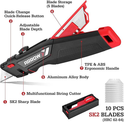 ARROW Retractable Utility Knife, Quick-Change Box Cutter with Blade Storage Design, Twine Cutter, Heavy Duty Aluminum Razor Knife with TPE Comfortable Handle, 15 Extra Blades Included
