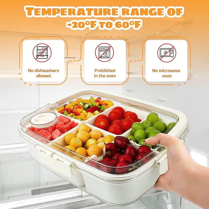Divided Serving Tray with Lid and Handle, Portable Snackle Box Charcuterie Container,6 Compartments Snack Containers, Veggie Tray Fruit Tray Candy Organizer,Perfect for Party, Beach