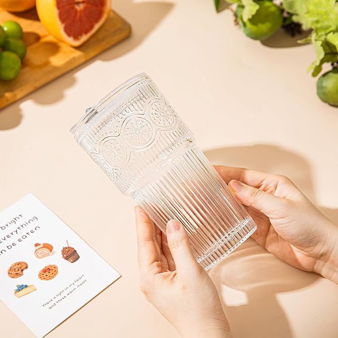 20oz Ribbed & Floral Glass Tumbler Set of 2 – Reusable Glass Cups with Lid and Glass Straw, Iced Coffee Cups for Water, Smoothie, Milk, Cocktail & More – Perfect for Daily Use & Travel