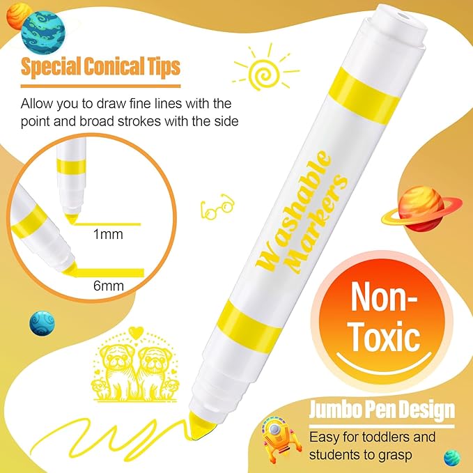 Janlaugh 24 Pcs Washable Markers Bulk Broad Line Markers Coloring Conical Tip Large pens for Kids art projects, Teachers, Students, Toddlers, Party Favors, Classrooms, Donations(Yellow)