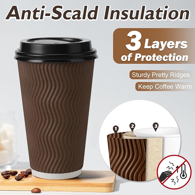 16 oz Coffee Cups with Lids 500 Pack, Disposable Coffee Cups with Lids, Insulated To Go Paper Coffee Cup for Hot Drinks