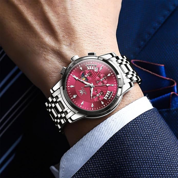 OLEVS Men Silver Watches,Men's Stainless Steel Chronograph Watch,Man Analog Quartz Big Face Male Watches Luxury Waterproof Roman Numeral Dress Diamond Relojes para Hombre