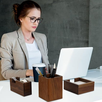 Natural Organizer Set of 3, Wooden Walnut Sticky Notes Holder Tape Dispenser Cutter and Pen Pencil Cup Holder for Women Office Home School