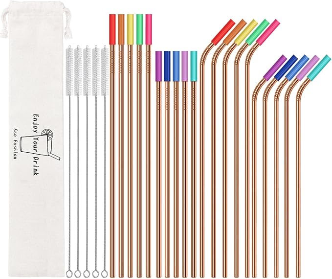 20 Pcs Rose Gold Reusable Stainless Steel Straws,10.5" & 8.5" Reusable Drinking Straws with 20 Silicone Tips 5 Straw Brushes 1 Travel Case,Eco Friendly Extra Long Metal Straw for 20 24 30 oz Tumbler
