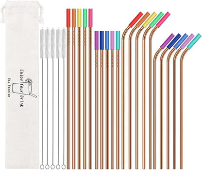 20 Pcs Rose Gold Reusable Stainless Steel Straws,10.5" & 8.5" Reusable Drinking Straws with 20 Silicone Tips 5 Straw Brushes 1 Travel Case,Eco Friendly Extra Long Metal Straw for 20 24 30 oz Tumbler