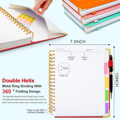 Hardcover Spiral Notebook 8"x10" Journal Notebook with Tabs and Removable Dividers 300 Pages 5 Subject Notebook College Ruled, Faux Leather Spiral Bound Notebook for Women, Students, School Work (Red)