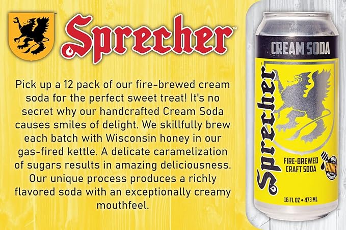 Sprecher Cream Soda Craft Soda – Fire-Brewed with Real Honey, Rich Vanilla Honey Flavor, Handcrafted, Caffeine-Free Gourmet Beverage – 16 fl oz Cans (12 Pack)