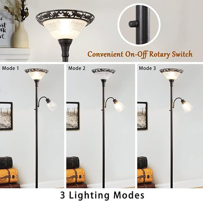 Floor Lamps for Living Room, 70" Floor Lamp Standing Torchiere Lamp with Etched Glass Shade, Metal Pole & Heavy Base, Vintage Tall Corner Lamp Decor for Bedroom, Living Room, Office. No Bulbs (2 Head)