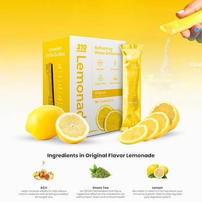 310 Nutrition Electrolyte Lemonade Powder No Sugar - Original Water Flavoring Packets - Hydration & Energy Drink Mix - Low Calorie Water Enhancer - 30 Singles - Made in The USA