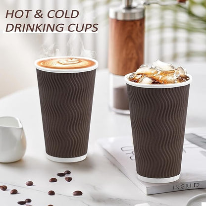 16 oz Coffee Cups Disposable, 90 Count Insulated Paper Coffee Cups, Corrugated Ripple Wall Design Paper Cup, Hot Cold Drinking Cup for Party, Picnic, Travel, Business, Home